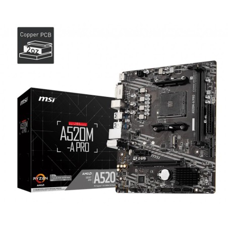 Mainboard|MSI|AMD A520|SAM4|MicroATX|1xPCI-Express 3.0 1x|1xPCI-Express 3.0 16x|1xM.2|Memory DDR4|Memory slots 2|1xDVI|1xHDM