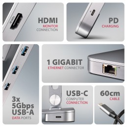 AXAGON Desk Mount | HMC-STND USB-C 5Gbps Stand and Hub 7in1 | Adjustable Height, Tilt | 10-16 " | Aluminum