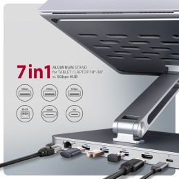 AXAGON Desk Mount | HMC-STND USB-C 5Gbps Stand and Hub 7in1 | Adjustable Height, Tilt | 10-16 " | Aluminum